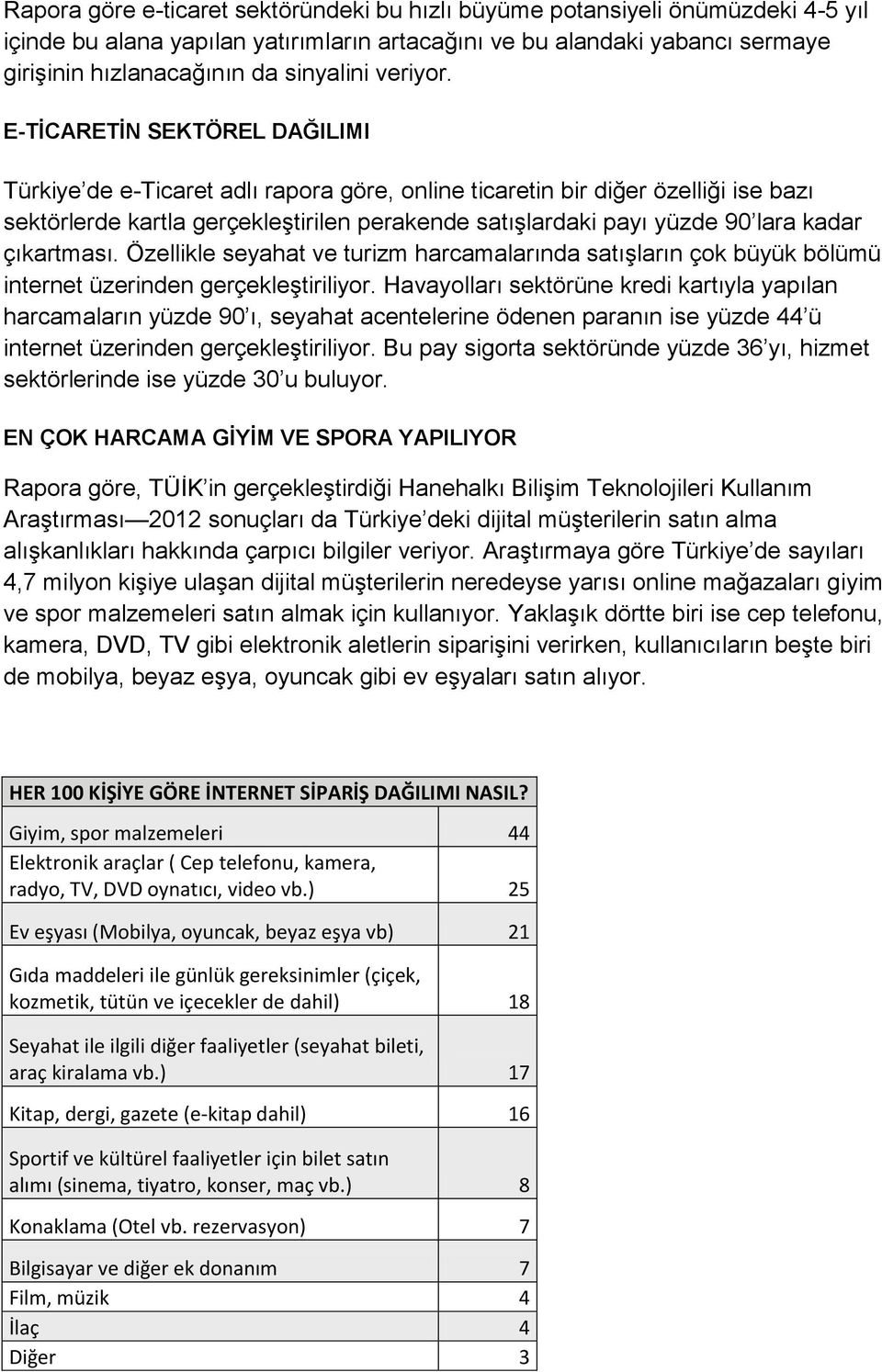 E-TİCARETİN SEKTÖREL DAĞILIMI Türkiye de e-ticaret adlı rapora göre, online ticaretin bir diğer özelliği ise bazı sektörlerde kartla gerçekleştirilen perakende satışlardaki payı yüzde 90 lara kadar