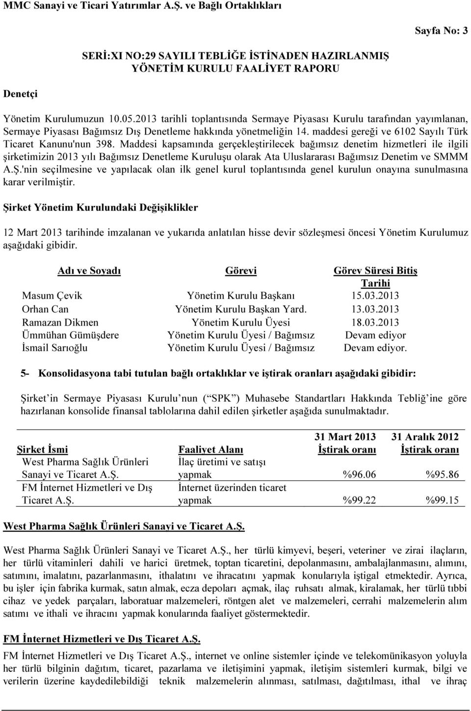 Maddesi kapsamında gerçekleştirilecek bağımsız denetim hizmetleri ile ilgili şirketimizin 2013 yılı Bağımsız Denetleme Kuruluşu olarak Ata Uluslararası Bağımsız Denetim ve SMMM A.Ş.