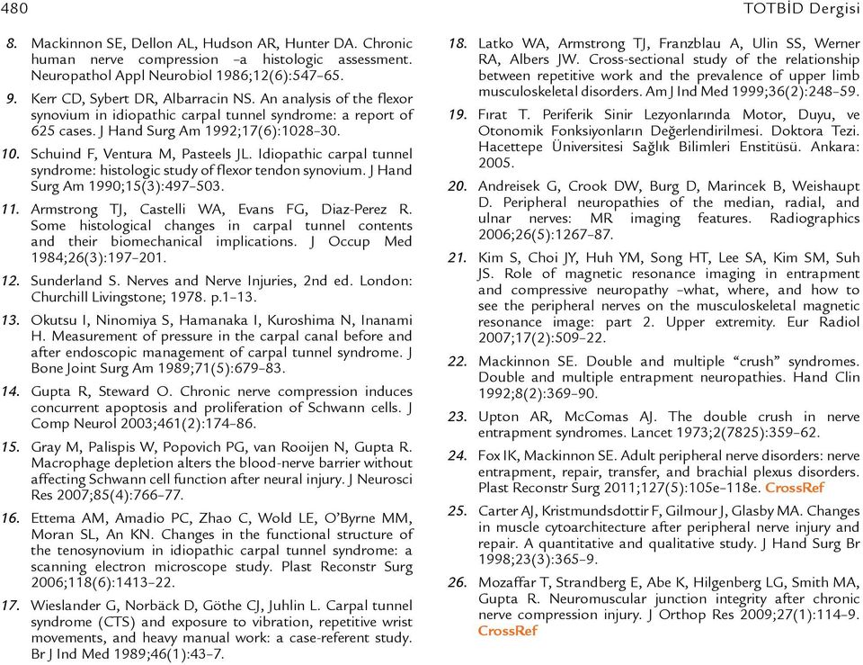 Schuind F, Ventura M, Pasteels JL. Idiopathic carpal tunnel syndrome: histologic study of flexor tendon synovium. J Hand Surg Am 1990;15(3):497 503. 11.