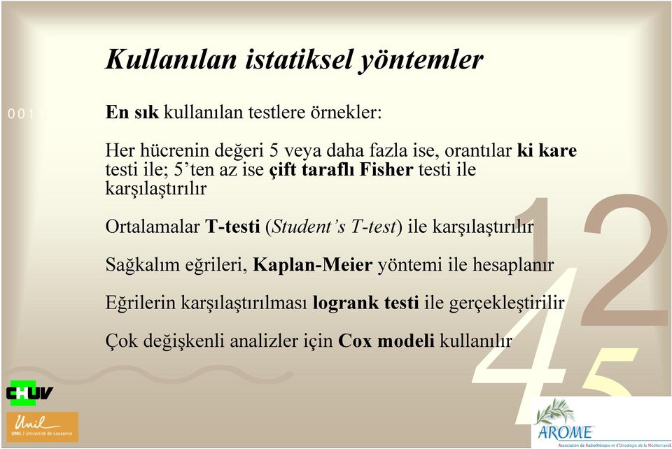 T-testi (Student s T-test) ile karşılaştırılır Sağkalım eğrileri, Kaplan-Meier yöntemi ile hesaplanır