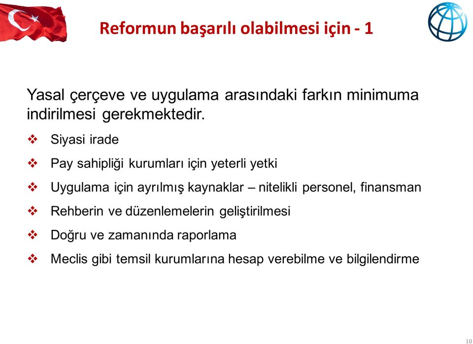 Siyasi irade Pay sahipliği kurumları için yeterli yetki Uygulama için ayrılmış kaynaklar