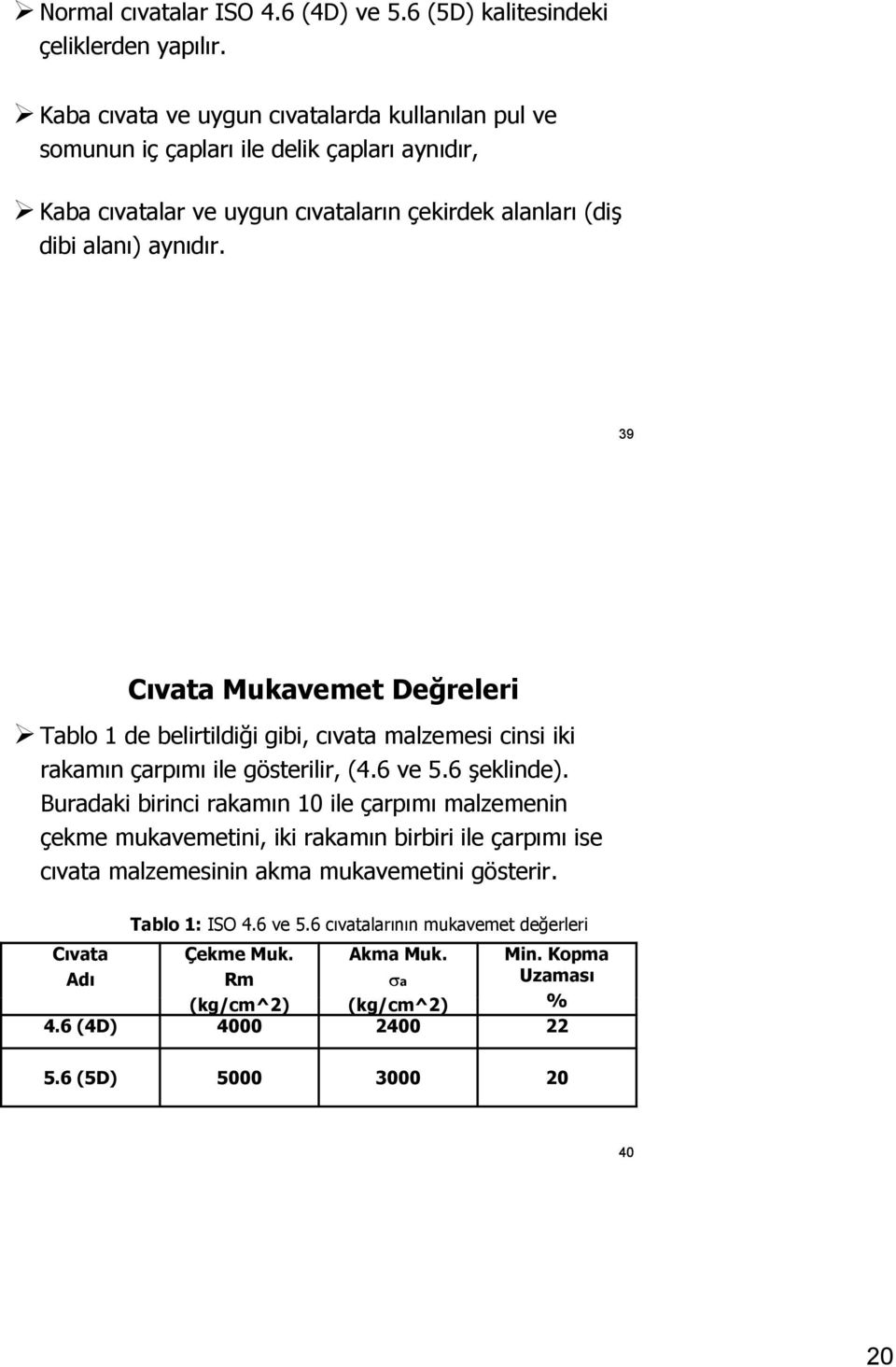 39 Cıvata Mukavemet Değreleri Tablo 1 de belirtildiği gibi, cıvata malzemesi cinsi iki rakamın çarpımı ile gösterilir, (4.6 ve 5.6 şeklinde).