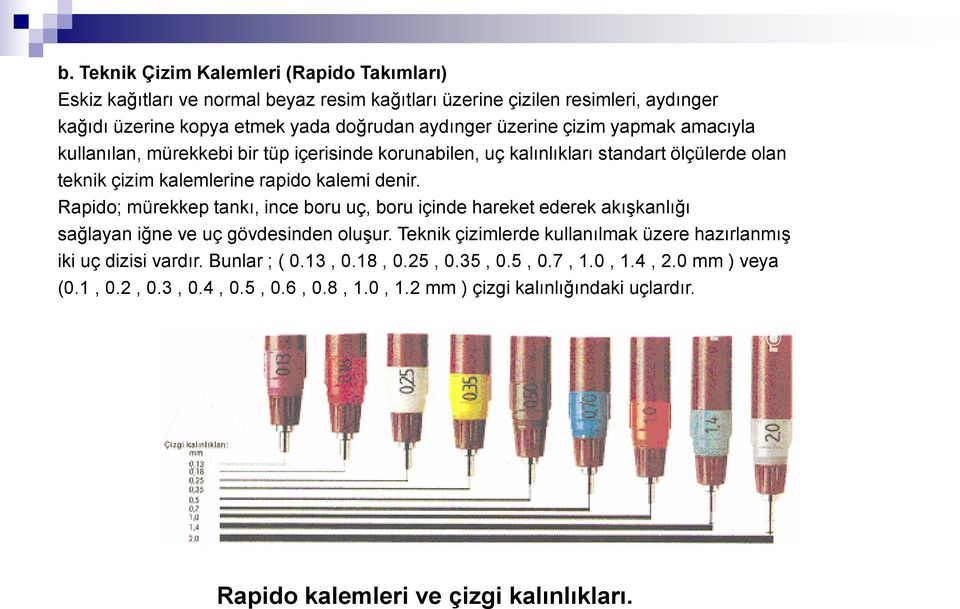 Rapido; mürekkep tankı, ince boru uç, boru içinde hareket ederek akışkanlığı sağlayan iğne ve uç gövdesinden oluşur.