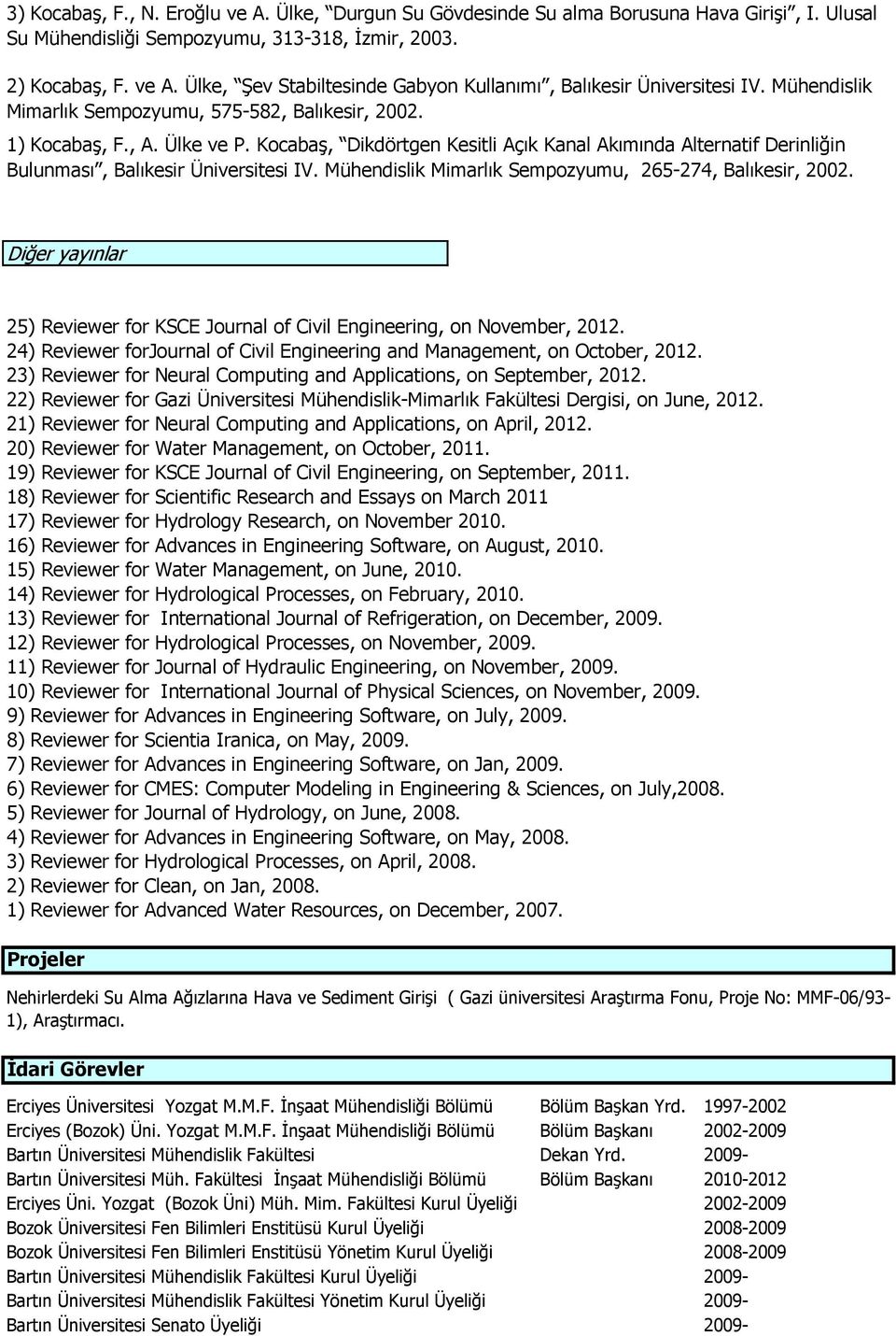 Mühendislik Mimarlık Sempozyumu, 265-274, Balıkesir, 2002. Diğer yayınlar 25) Reviewer for KSCE Journal of Civil Engineering, on November, 2012.