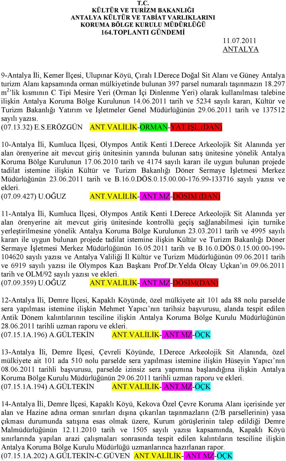 297 m 2 lik kısmının C Tipi Mesire Yeri (Orman İçi Dinlenme Yeri) olarak kullanılması talebine ilişkin Antalya Koruma Bölge Kurulunun 14.06.