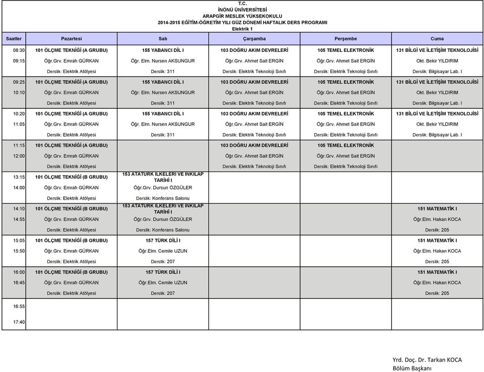I 09:25 101 ÖLÇME TEKNİĞİ (A 155 YABANCI DİL I 103 DOĞRU AKIM DEVRELERİ 105 TEMEL ELEKTRONİK 131 BİLGİ VE İLETİŞİM TEKNOLOJİSİ 10:10 Öğr.Grv. Emrah GÜRKAN Öğr. Elm. Nursen AKSUNGUR Öğr.Grv. Ahmet Sait ERGİN Öğr.