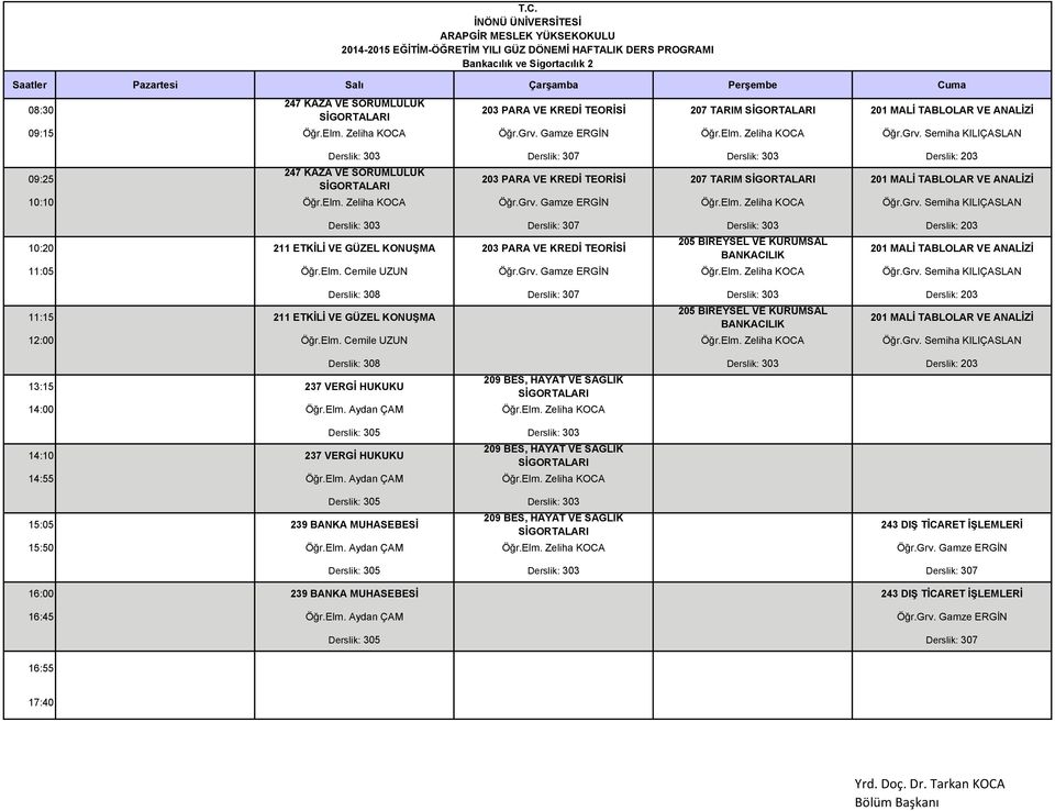 Semiha KILIÇASLAN 09:25 Derslik: 303 Derslik: 307 Derslik: 303 Derslik: 203 247 KAZA VE SORUMLULUK SİGORTALARI 203 PARA VE KREDİ TEORİSİ 207 TARIM SİGORTALARI 201 MALİ TABLOLAR VE ANALİZİ 10:10 Öğr.