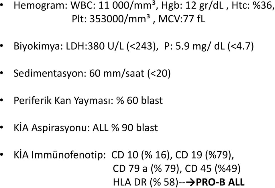 7) Sedimentasyon: 60 mm/saat (<20) Periferik Kan Yayması: % 60 blast KİA