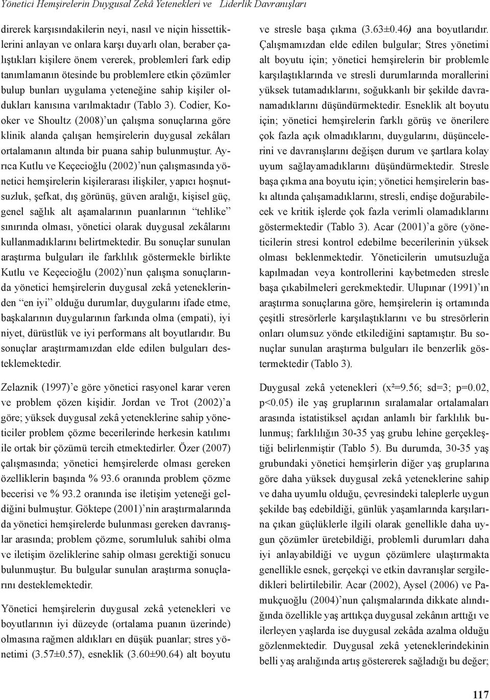 Codier, Kooker ve Shoultz (2008) un çalışma sonuçlarına göre klinik alanda çalışan hemşirelerin duygusal zekâları ortalamanın altında bir puana sahip bulunmuştur.