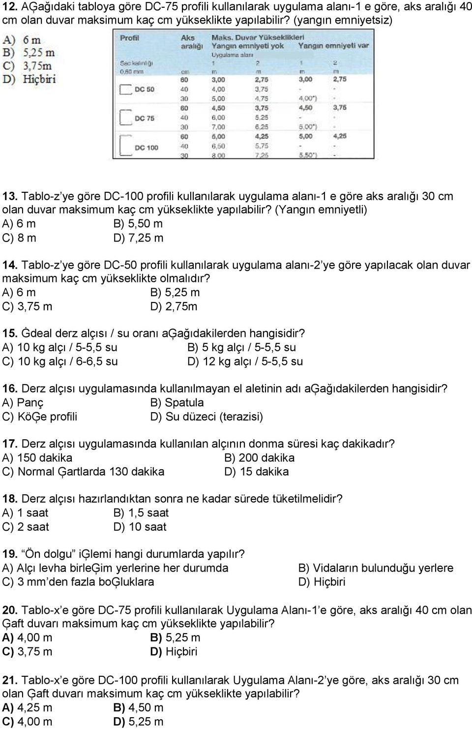 Tablo-z ye göre DC-50 profili kullanılarak uygulama alanı-2 ye göre yapılacak olan duvar maksimum kaç cm yükseklikte olmalıdır? A) 6 m B) 5,25 m C) 3,75 m D) 2,75m 15.