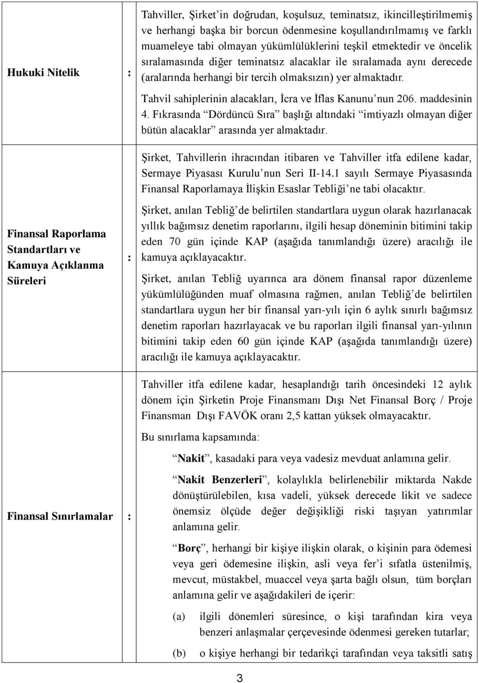 Finansal Raporlama Standartları ve Kamuya Açıklanma Süreleri Tahvil sahiplerinin alacakları, İcra ve İflas Kanunu nun 206. maddesinin 4.