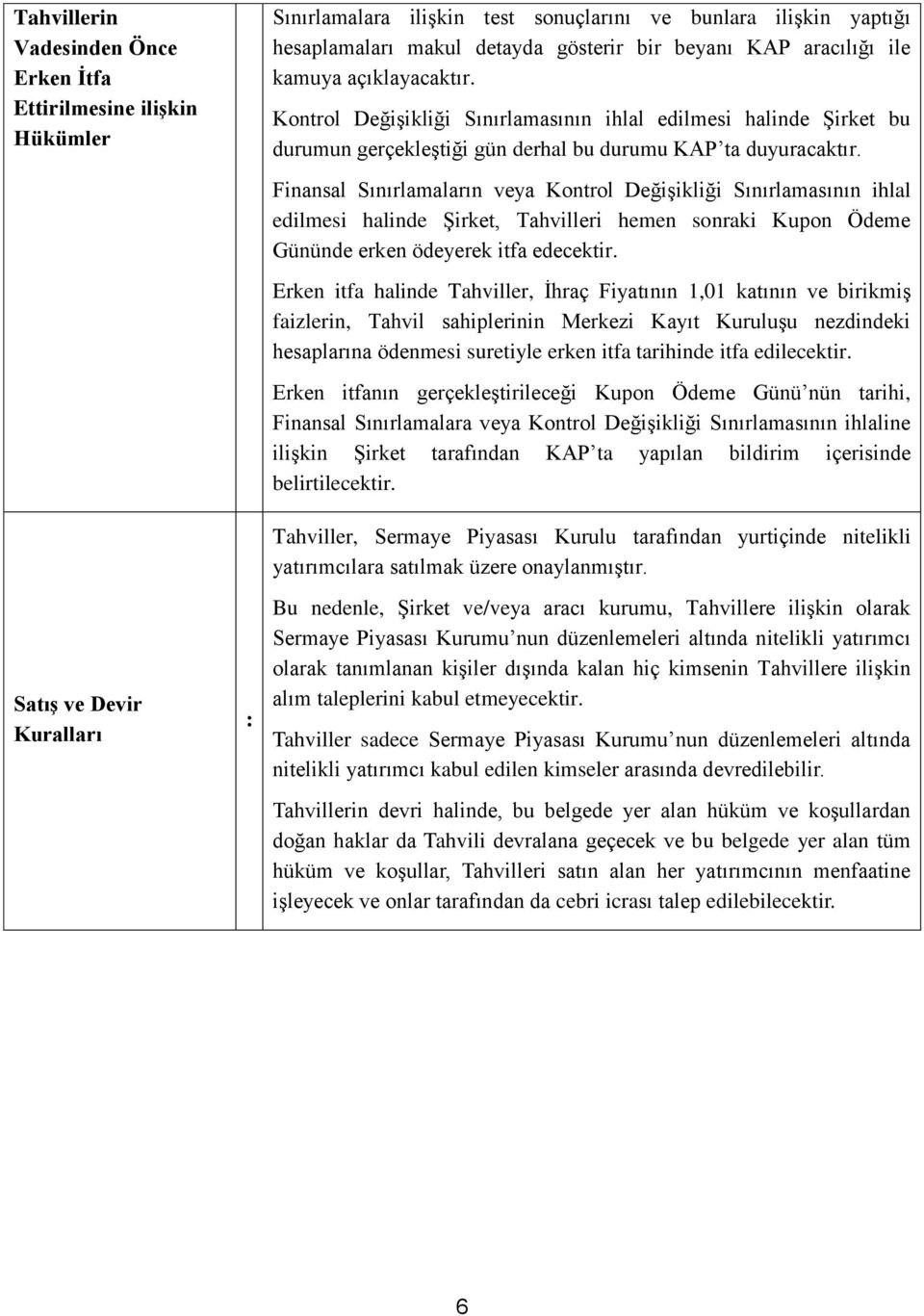 Finansal Sınırlamaların veya Kontrol Değişikliği Sınırlamasının ihlal edilmesi halinde Şirket, Tahvilleri hemen sonraki Kupon Ödeme Gününde erken ödeyerek itfa edecektir.