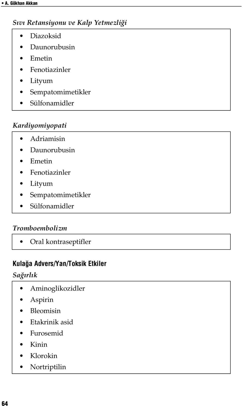 Lityum Sempatomimetikler Sülfonamidler Tromboembolizm Oral kontraseptifler Kula a Advers/Yan/Toksik