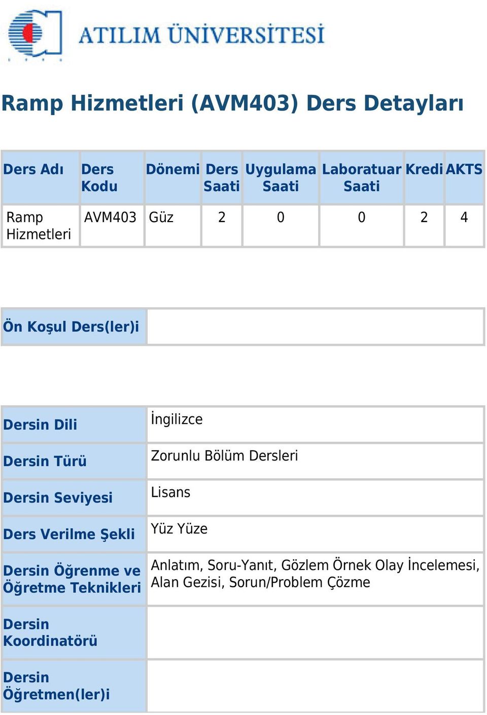 Ders Verilme Şekli İngilizce Zorunlu Bölüm Dersleri Lisans Yüz Yüze Dersin Öğrenme ve Öğretme Teknikleri Dersin