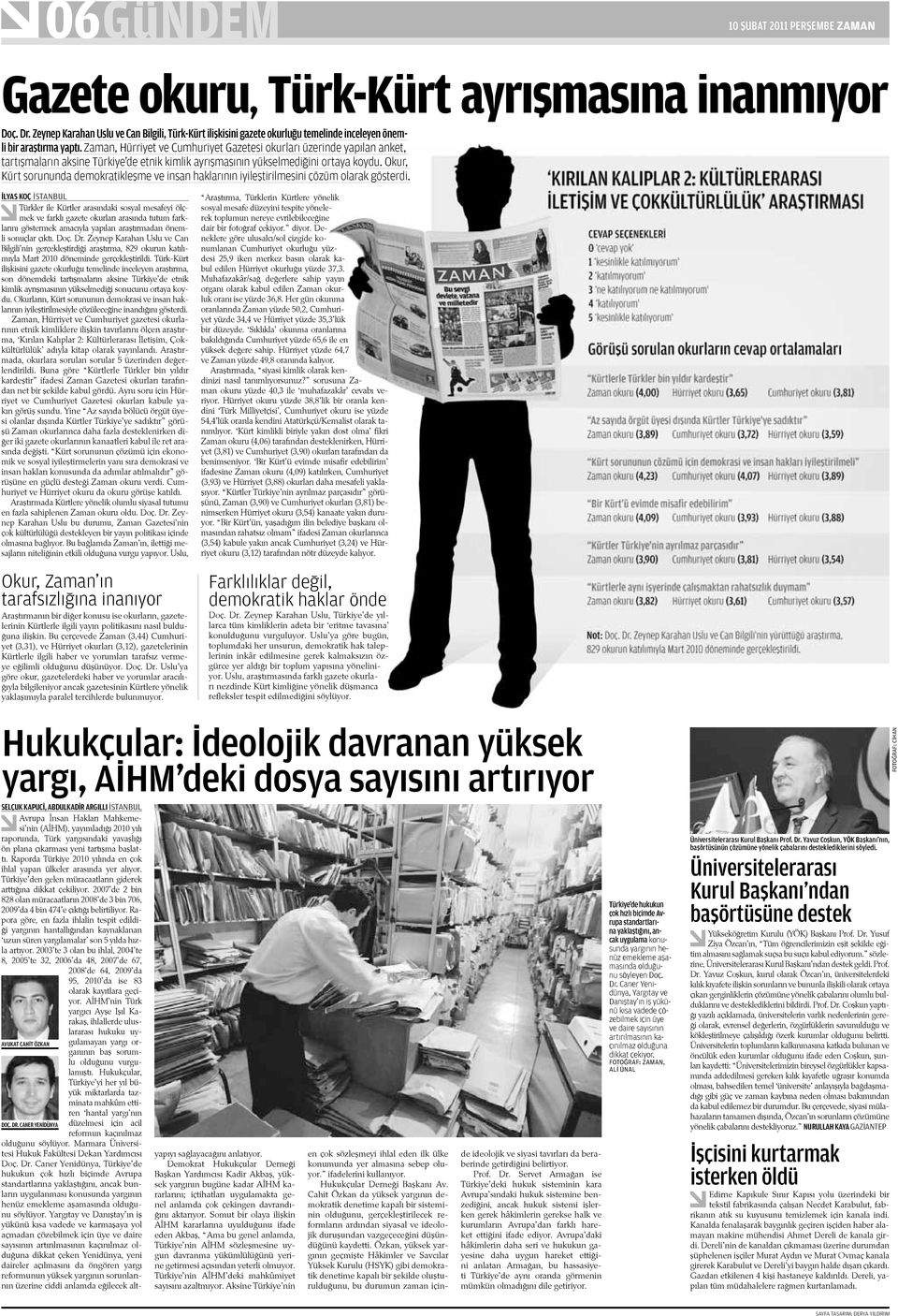 Zaman, Hürriyet ve Cumhuriyet Gazetesi okurları üzerinde yapılan anket, tartışmaların aksine Türkiye de etnik kimlik ayrışmasının yükselmediğini ortaya koydu.