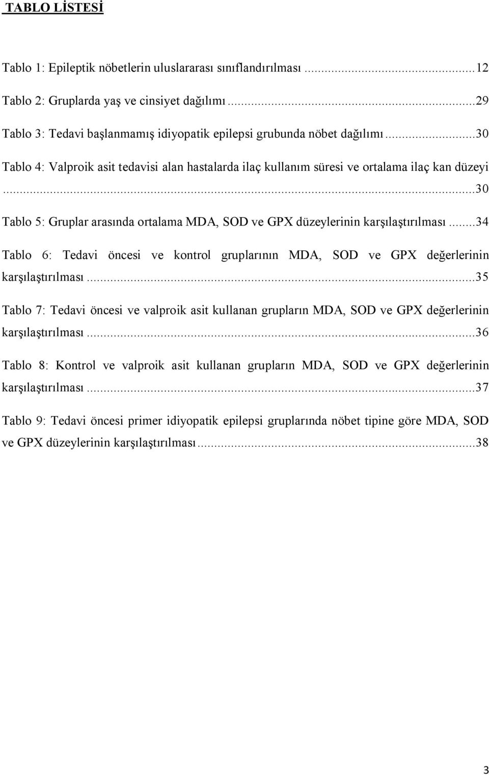 .. 30 Tablo 5: Gruplar arasında ortalama MDA, SOD ve GPX düzeylerinin karşılaştırılması... 34 Tablo 6: Tedavi öncesi ve kontrol gruplarının MDA, SOD ve GPX değerlerinin karşılaştırılması.