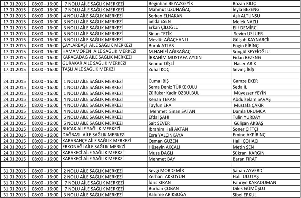 01.2015 08:00-16:00 5 NOLU AİLE SAĞLIK MERKEZİ Mevlüt AĞAÇHANLI Gülşah KAYNARÇİL 17.01.2015 08:00-16:00 ÇAYLARBAŞI AİLE SAĞLIK MERKEZİ Burak ATLAS Engin PİRİNÇ 17.01.2015 08:00-16:00 HAMAMÖREN AİLE SAĞLIK MERKEZİ M.