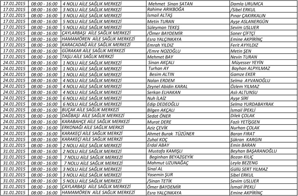 01.2015 08:00-16:00 HAMAMÖREN AİLE SAĞLIK MERKEZİ Esra YALÇINKAYA Emine AKPİRİNÇ 17.01.2015 08:00-16:00 KARACADAĞ AİLE SAĞLIK MERKEZİ Emrah YILDIZ Ferit AYYILDIZ 17.01.2015 08:00-16:00 GÜRAKAR AİLE SAĞLIK MERKEZİ /Emre NOZOĞLU Metin ŞEN 17.