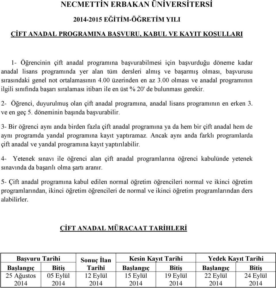 00 olması ve anadal programının ilgili sınıfında başarı sıralaması itibarı ile en üst % 20' de bulunması gerekir.