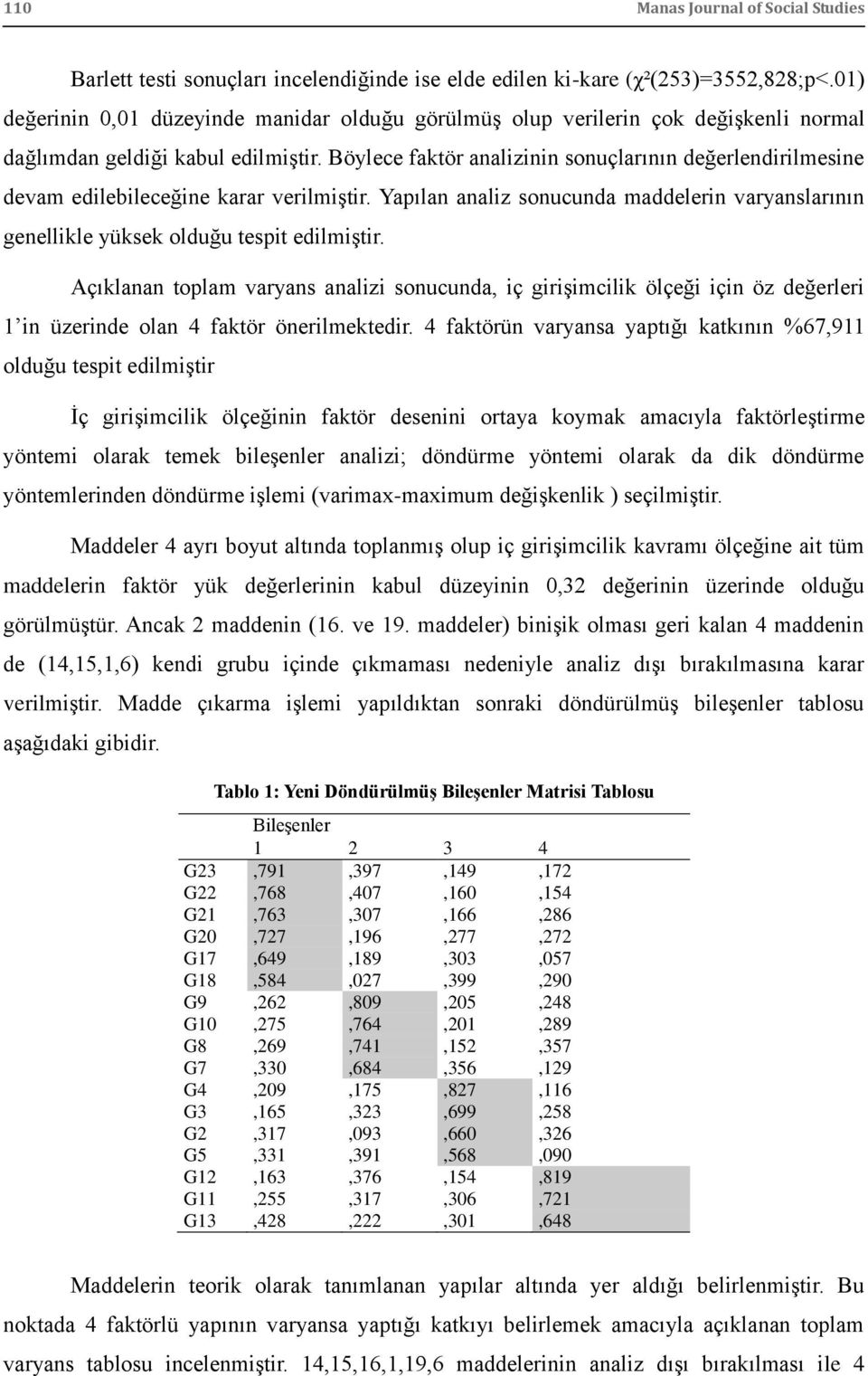 Böylece faktör analizinin sonuçlarının değerlendirilmesine devam edilebileceğine karar verilmiģtir. Yapılan analiz sonucunda maddelerin varyanslarının genellikle yüksek olduğu tespit edilmiģtir.