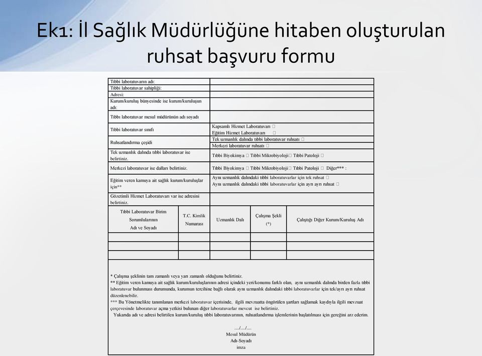 Kapsamlı Hizmet Laboratuvarı Eğitim Hizmet Laboratuvarı Tek uzmanlık dalında tıbbi laboratuvar ruhsatı Merkezi laboratuvar ruhsatı Tıbbi Biyokimya Tıbbi Mikrobiyoloji Tıbbi Patoloji Merkezi