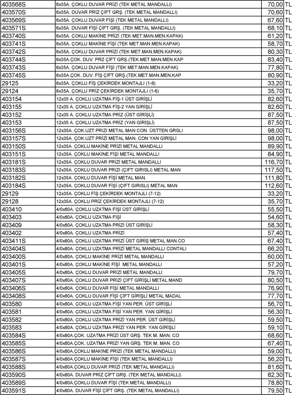 ÇOKLU MAKİNE FİŞİ (TEK MET.MAN.MEN.KAPAK) 58,70 TL 403742S 6x35A. ÇOKLU DUVAR PRİZİ (TEK MET.MAN.MEN.KAPAK) 80,30 TL 403744S 6x35A.ÇOK. DUV. PRZ ÇİFT GRŞ.(TEK.MET.MAN.MEN.KAP 83,40 TL 403743S 6x35A.