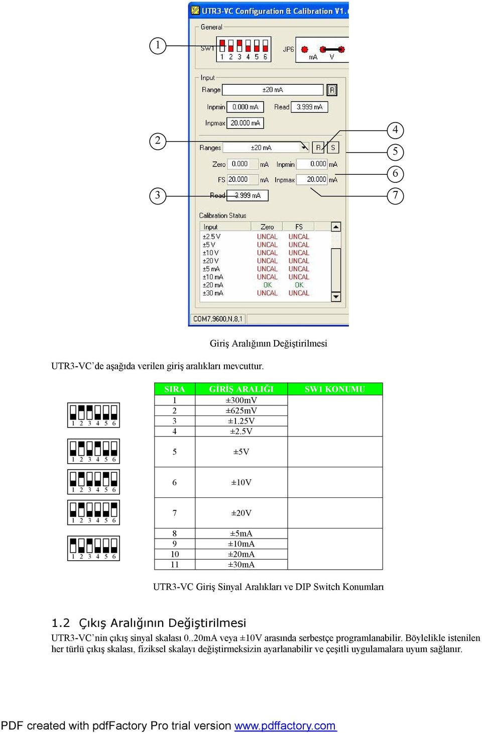 mV ±.V ±.V ±V 6 ±0V 7 ±0V 8 ±ma 9 ±0mA 0 ±0mA ±0mA UTR-VC Giriş Sinyal Aralıkları ve DIP Switch Konumları.