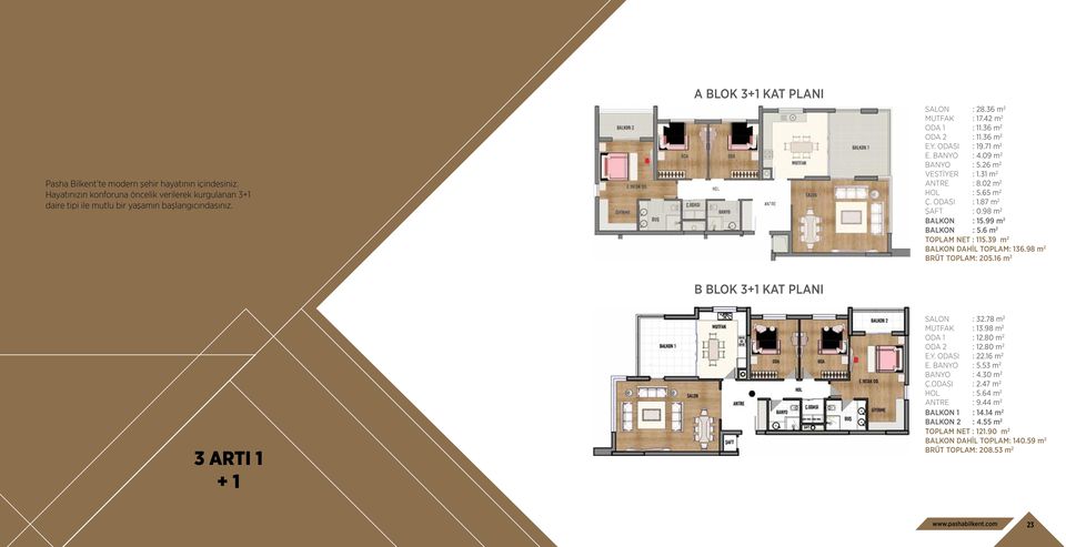 99 m 2 : 5.6 m 2 TOPLAM NET : 115.39 m 2 DAHİL TOPLAM: 136.98 m 2 BRÜT TOPLAM: 205.16 m 2 B BLOK 3+1 KAT PLANI 3 ARTI 1 + 1 1 2 E.Y. SI E. BANYO BANYO Ç.SI HOL ANTRE 1 2 : 32.78 m 2 : 13.