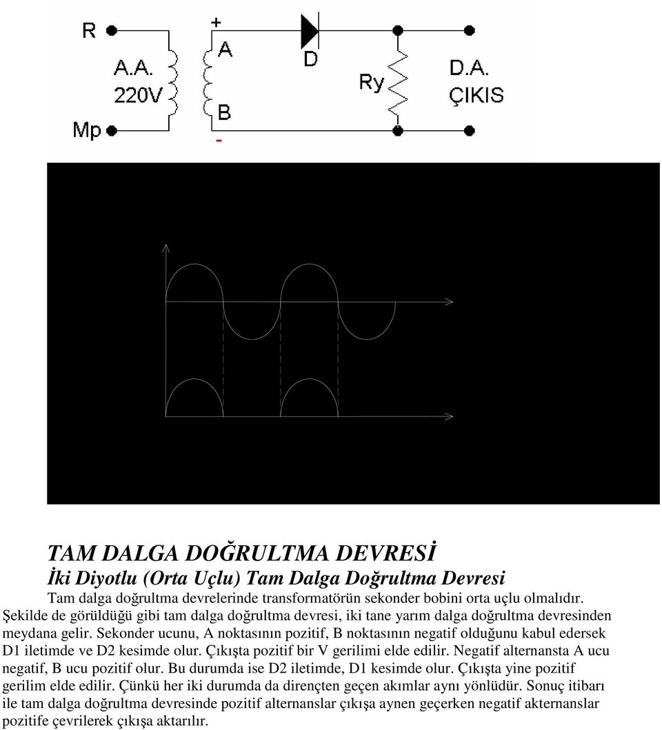 Sekonder ucunu, A nokasının poziif, B nokasının negaif olduğunu kabul edersek D1 ileimde ve D2 kesimde olur. Çıkışa poziif bir V gerilimi elde edilir.