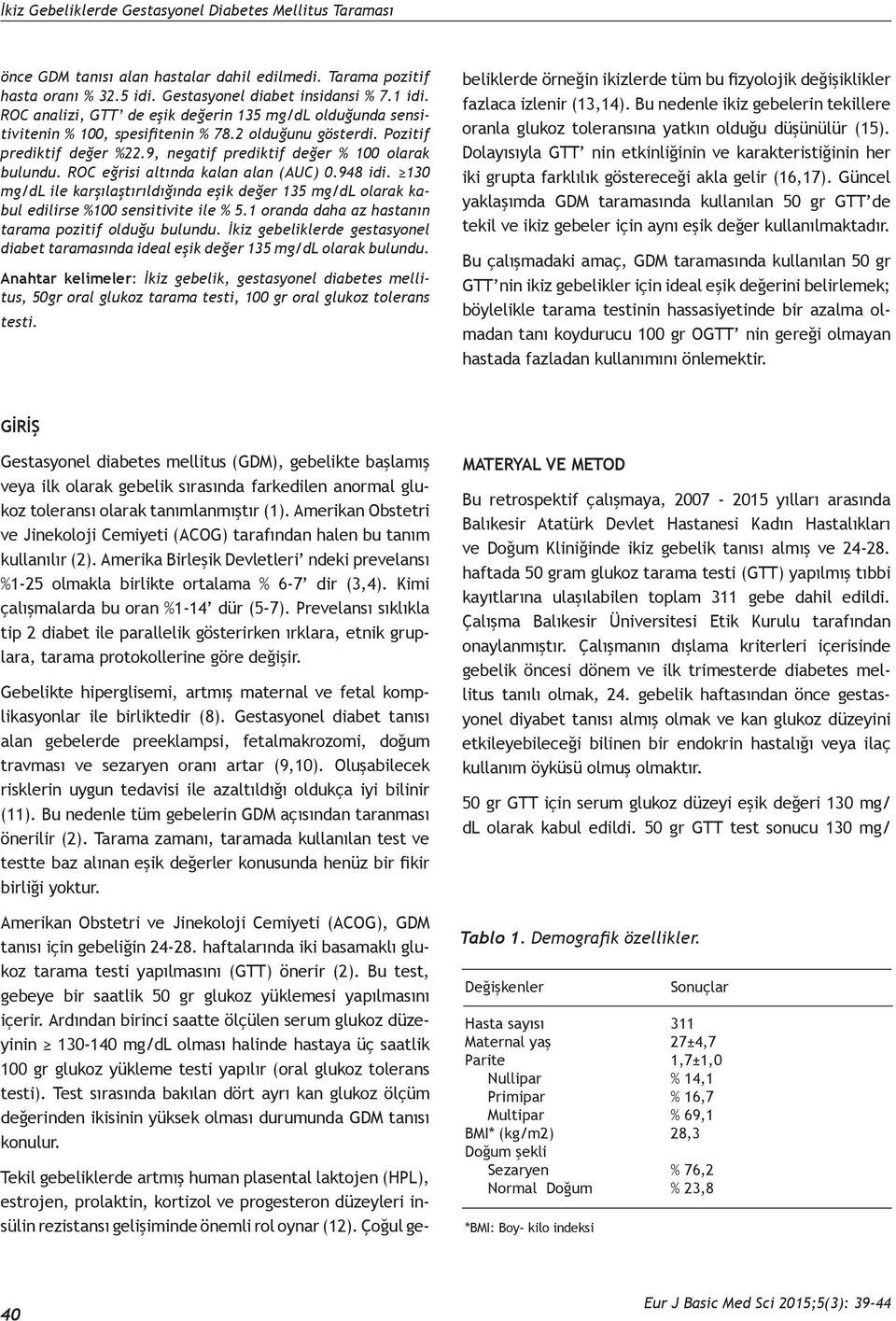 ROC eğrisi altında kalan alan (AUC) 0.948 idi. 130 mg/dl ile karşılaştırıldığında eşik değer 135 mg/dl olarak kabul edilirse %100 sensitivite ile % 5.