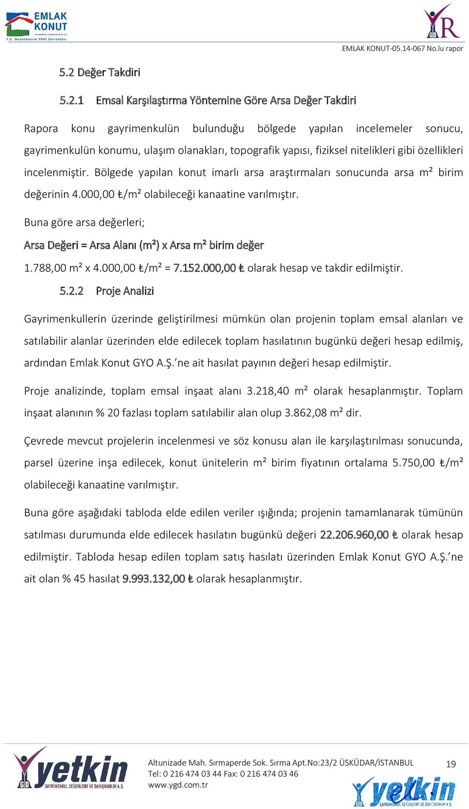 000,00 /m² olabileceği kanaatine varılmıştır. Buna göre arsa değerleri; Arsa Değeri = Arsa Alanı (m²) x Arsa m² birim değer 1.788,00 m² x 4.000,00 /m² = 7.152.000,00 olarak hesap ve takdir edilmiştir.