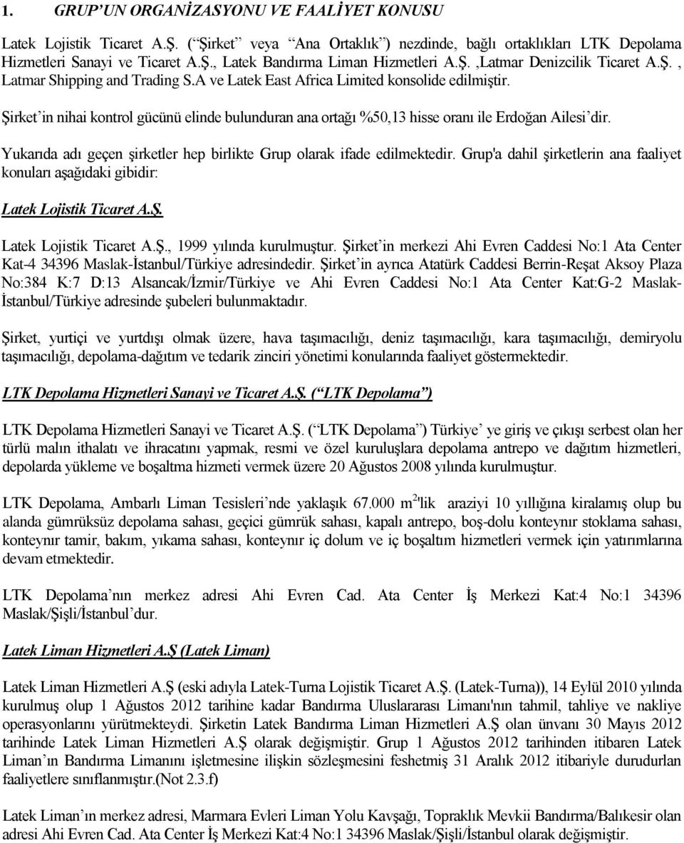 Şirket in nihai kontrol gücünü elinde bulunduran ana ortağı %50,13 hisse oranı ile Erdoğan Ailesi dir. Yukarıda adı geçen şirketler hep birlikte Grup olarak ifade edilmektedir.