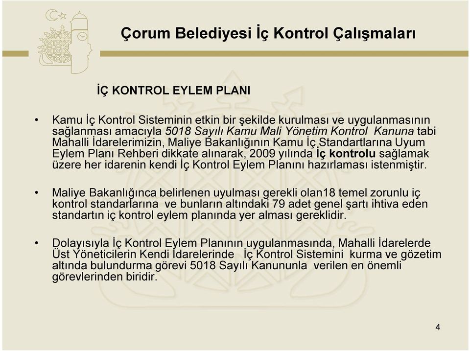 Maliye Bakanlığınca belirlenen uyulması gerekli olan18 temel zorunlu iç kontrol standarlarına ve bunların altındaki 79 adet genel şartı ihtiva eden standartın iç kontrol eylem planında yer alması