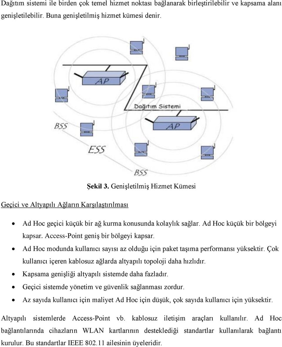 Access-Point geniş bir bölgeyi kapsar. Ad Hoc modunda kullanıcı sayısı az olduğu için paket taşıma performansı yüksektir. Çok kullanıcı içeren kablosuz ağlarda altyapılı topoloji daha hızlıdır.