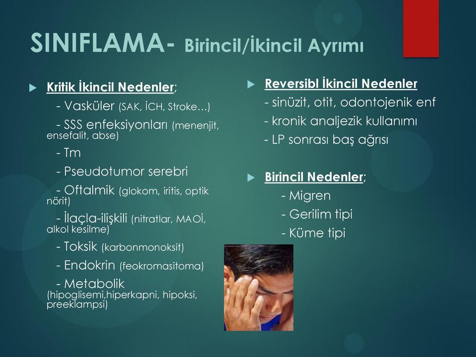 Pseudotumor serebri - Oftalmik (glokom, iritis, optik nörit) - İlaçla-ilişkili (nitratlar, MAOİ, alkol kesilme) - Toksik