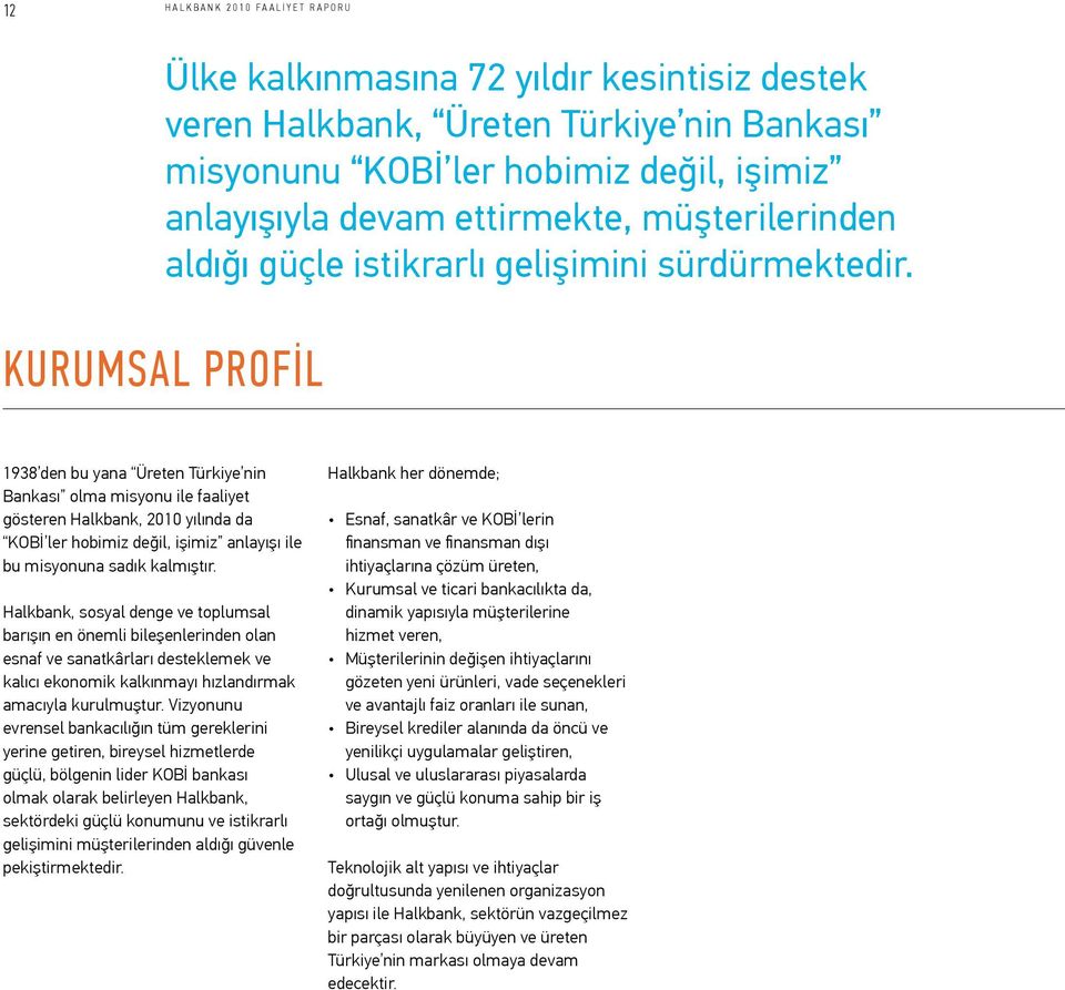 Kurumsal Profil 1938 den bu yana Üreten Türkiye nin Bankası olma misyonu ile faaliyet gösteren Halkbank, 2010 yılında da KOBİ ler hobimiz değil, işimiz anlayışı ile bu misyonuna sadık kalmıştır.