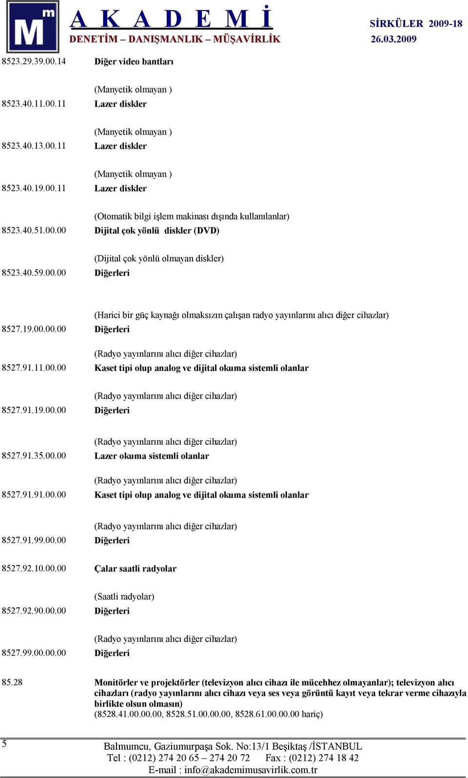 9.9.00.00 Diğerleri 8527.9.35.00.00 Lazer okuma sistemli olanlar 8527.9.9.00.00 Kaset tipi olup analog ve dijital okuma sistemli olanlar 8527.9.99.00.00 Diğerleri 8527.92.0.00.00 Çalar saatli radyolar (Saatli radyolar) 8527.