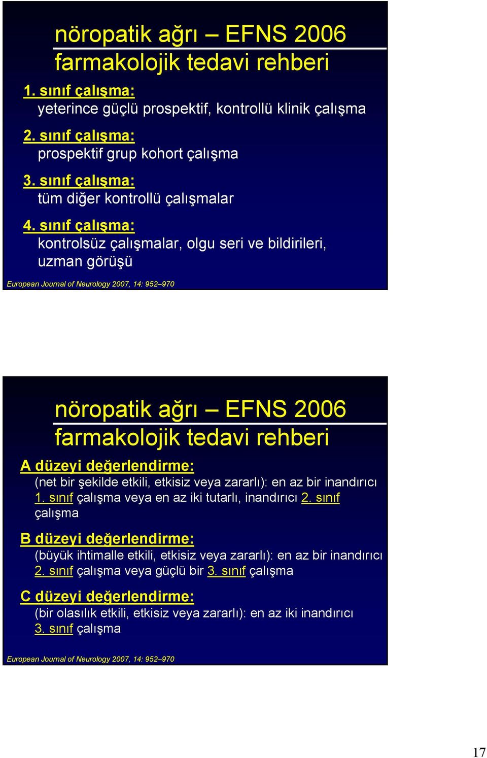 sınıf çalışma: kontrolsüz çalışmalar, olgu seri ve bildirileri, uzman görüşü European Journal of Neurology 2007, 14: 952 970 nöropatik ağrı EFNS 2006 farmakolojik tedavi rehberi A düzeyi