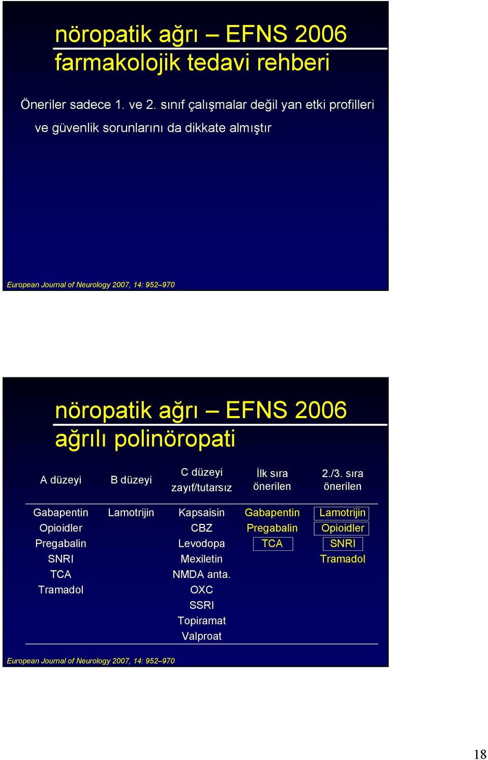 nöropatik ağrı EFNS 2006 ağrılı polinöropati A düzeyi B düzeyi C düzeyi zayıf/tutarsız İlk sıra önerilen 2./3.