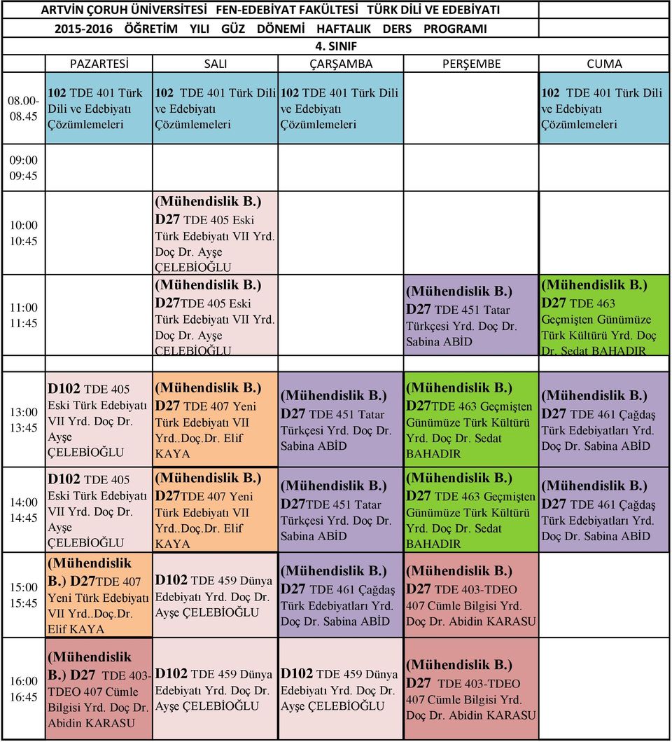 AyĢe D27TDE 405 Eski Yrd. Doç Dr. AyĢe D27 TDE 451 Tatar Türkçesi Sabina D27 TDE 463 GeçmiĢten Günümüze Türk Kültürü Yrd. Doç Dr. Sedat 13:00 13:45 D102 TDE 405 Edebiyatı VII AyĢe D27 TDE 407 Yeni Yrd.