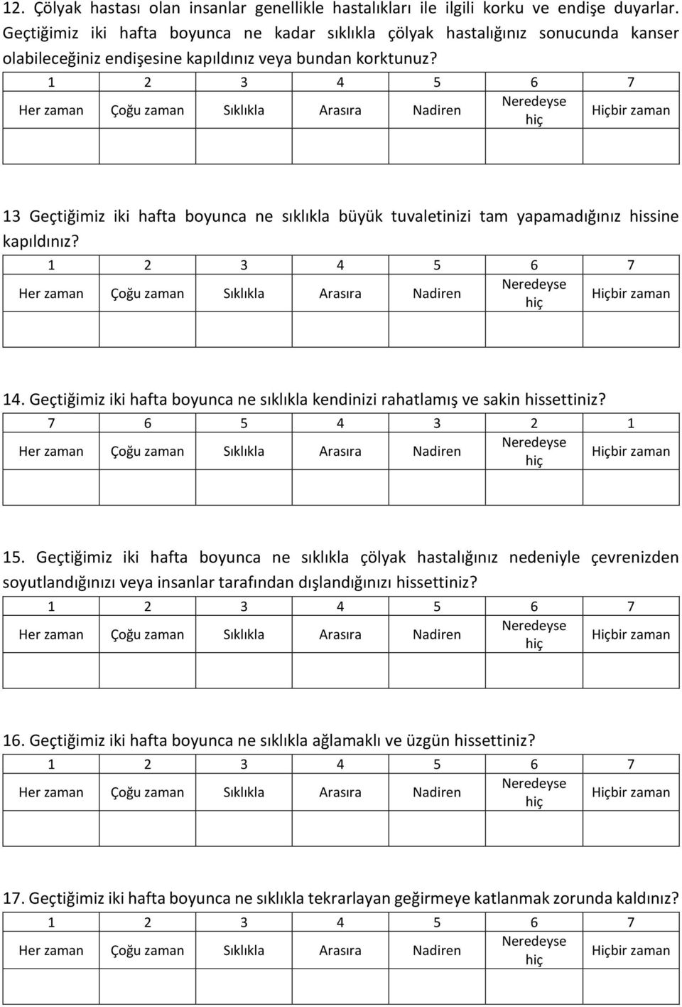 13 Geçtiğimiz iki hafta boyunca ne sıklıkla büyük tuvaletinizi tam yapamadığınız hissine kapıldınız? 14. Geçtiğimiz iki hafta boyunca ne sıklıkla kendinizi rahatlamış ve sakin hissettiniz?