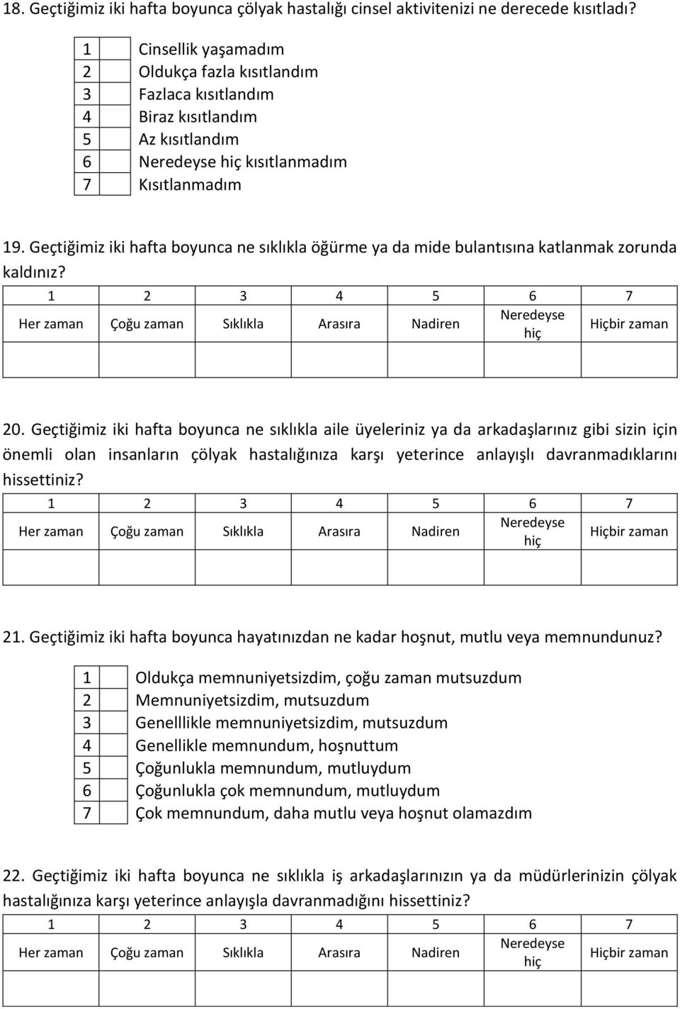 Geçtiğimiz iki hafta boyunca ne sıklıkla öğürme ya da mide bulantısına katlanmak zorunda kaldınız? 20.