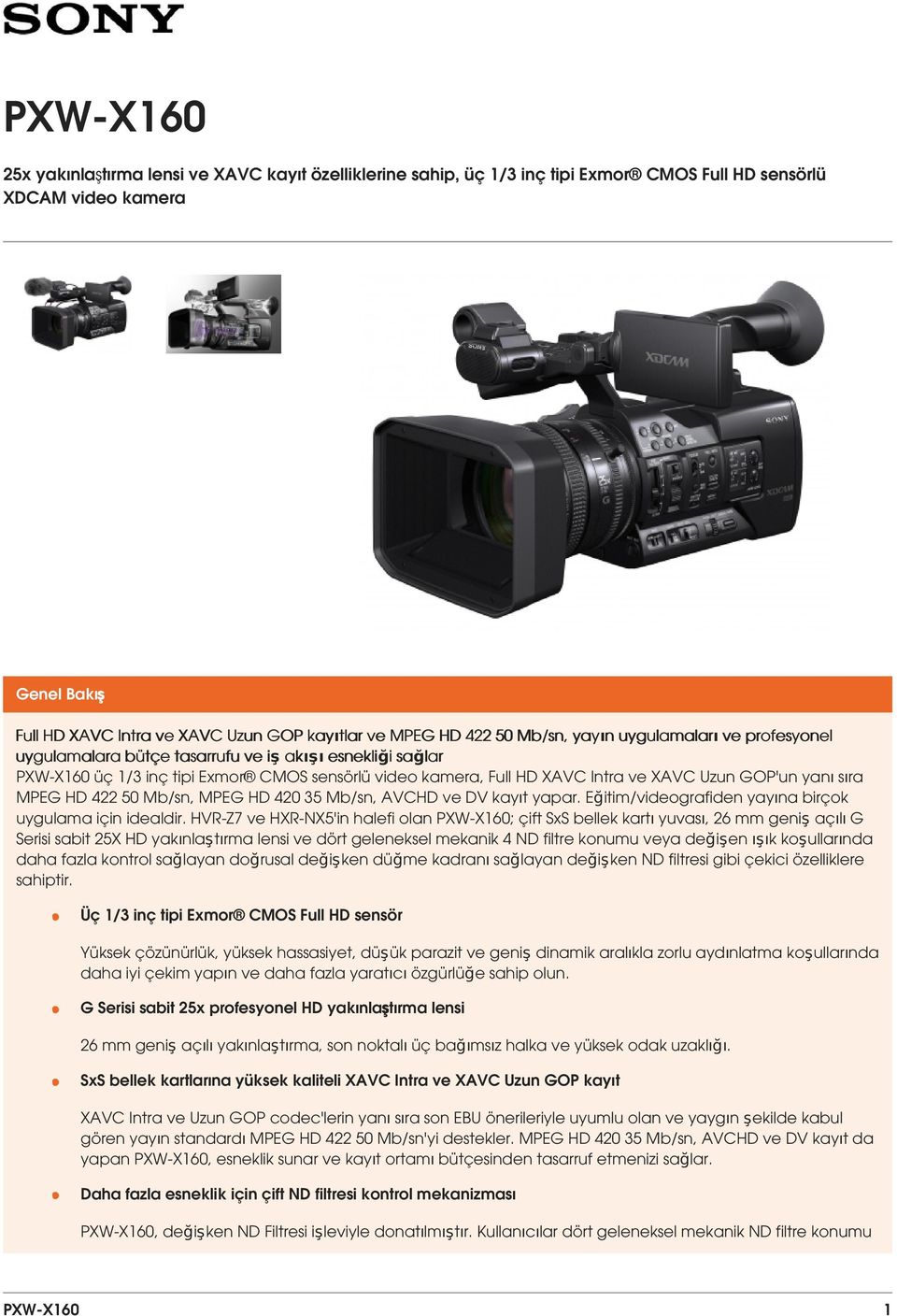 Uzun GOP'un yanı sıra MPEG HD 422 50 Mb/sn, MPEG HD 420 35 Mb/sn, AVCHD ve DV kayıt yapar. Eğitim/videografiden yayına birçok uygulama için idealdir.