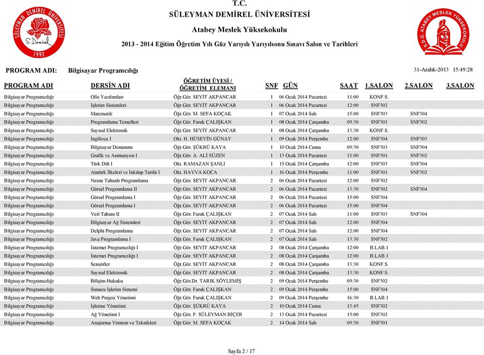 Gör. SEYİT AKPANCAR 1 08 Ocak 2014 Çarşamba 13:30 KONF.S. Bilgisayar Programcılığı İngilizce I Okt. H.