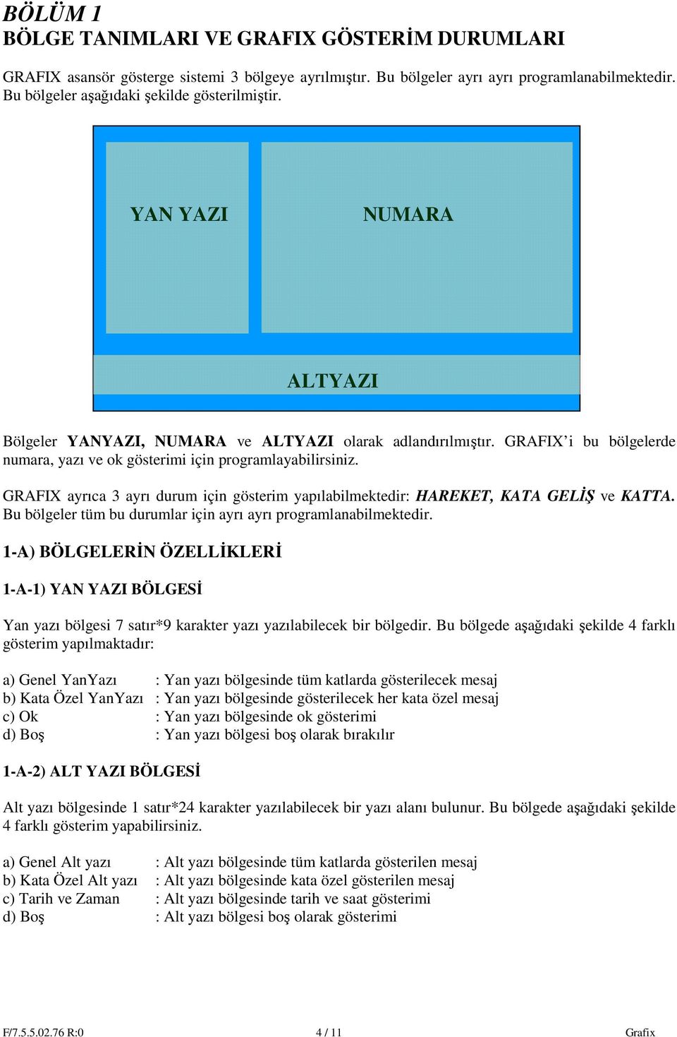 GRAFIX ayrıca 3 ayrı durum için gösterim yapılabilmektedir: HAREKET, KATA GELİŞ ve KATTA. Bu bölgeler tüm bu durumlar için ayrı ayrı programlanabilmektedir.