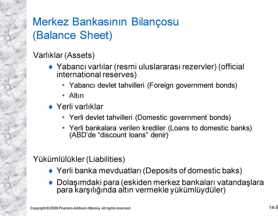 (Loans to domestic banks) (ABD de discount loans denir) Yükümlülükler (Liabilities) Yerli banka mevduatları (Deposits of domestic baks) Dolaşımdaki para