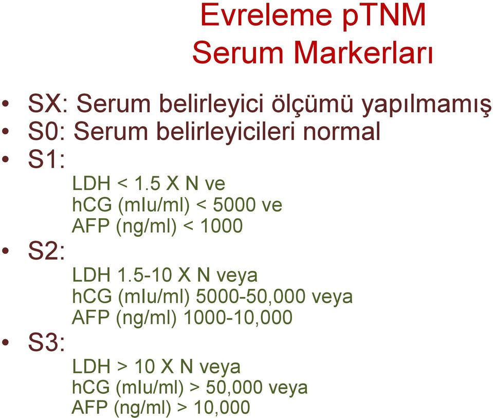 5 X N ve hcg (miu/ml) < 5000 ve AFP (ng/ml) < 1000 S2: LDH 1.