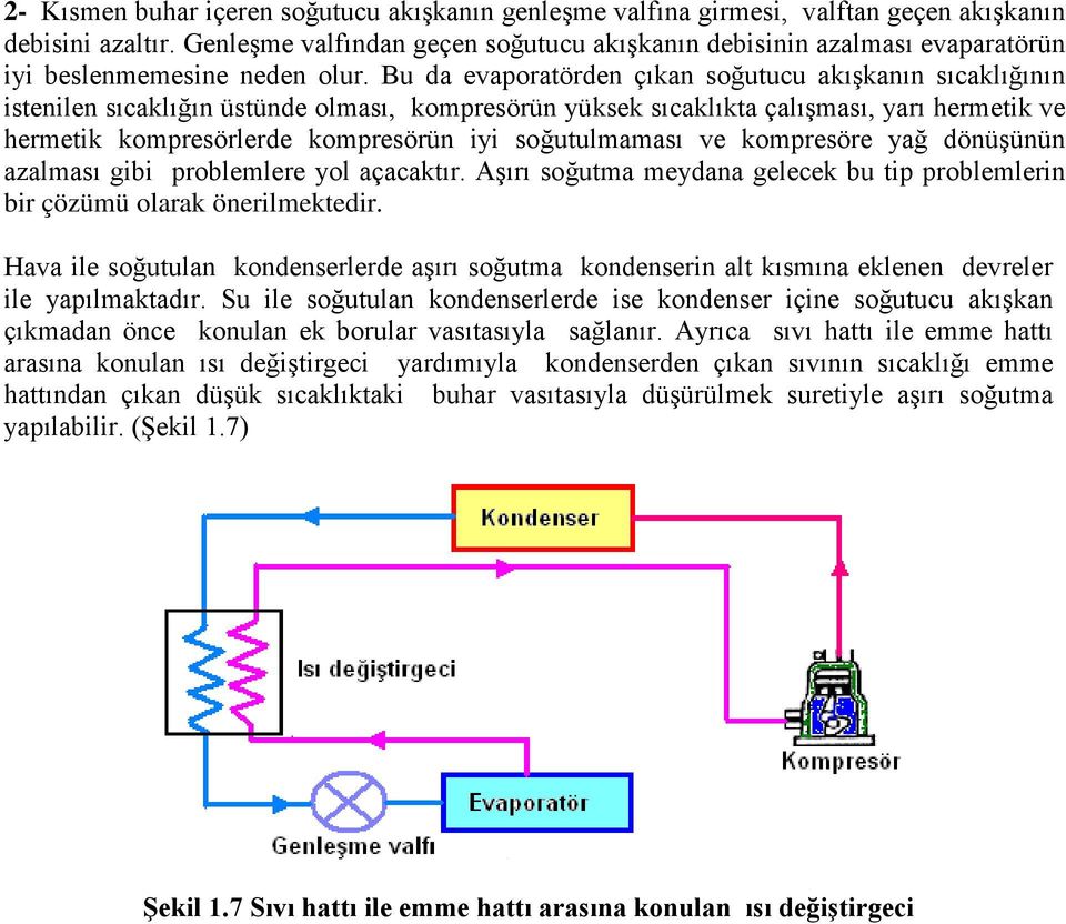 Bu da evaporatörden çıkan soğutucu akışkanın sıcaklığının istenilen sıcaklığın üstünde olması, kompresörün yüksek sıcaklıkta çalışması, yarı hermetik ve hermetik kompresörlerde kompresörün iyi