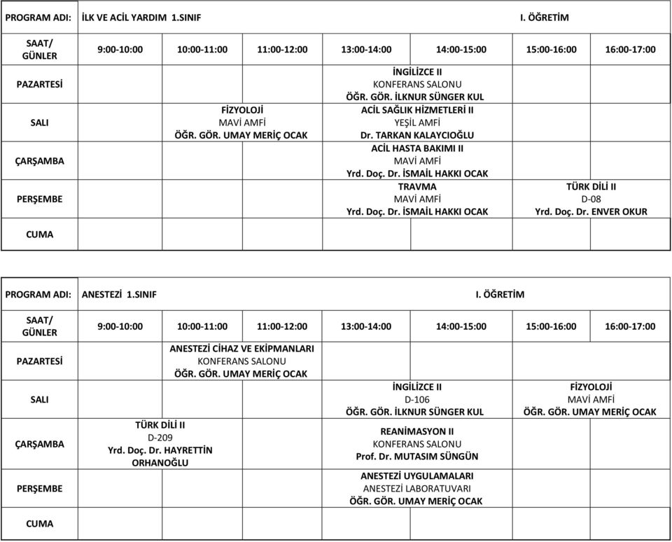 Doç. Dr. ENVER OKUR PROGRAM ADI: ANESTEZİ 1.SINIF I. ÖĞRETİM TÜRK DİLİ II Yrd. Doç.
