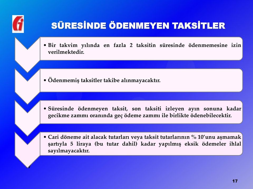 Süresinde ödenmeyen taksit, son taksiti izleyen ayın sonuna kadar gecikme zammı oranında geç ödeme zammı ile